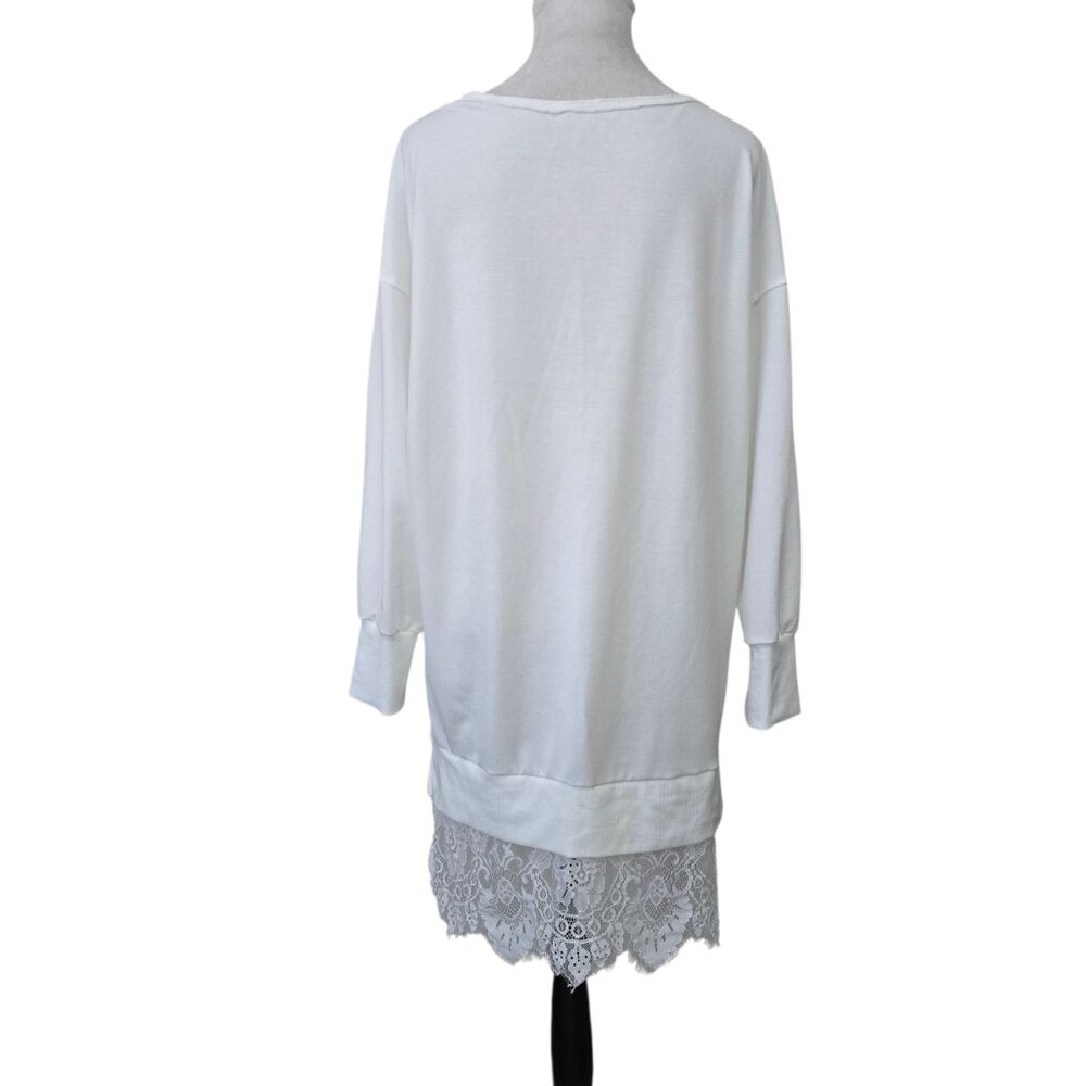 Women's White Long Sleeve Hi Lo Lace Trim Shirt Slits on Sides - Picture 5 of 11